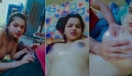 Hot Babe Boobs Pressed Fingered And Giving Blowjob To Lover