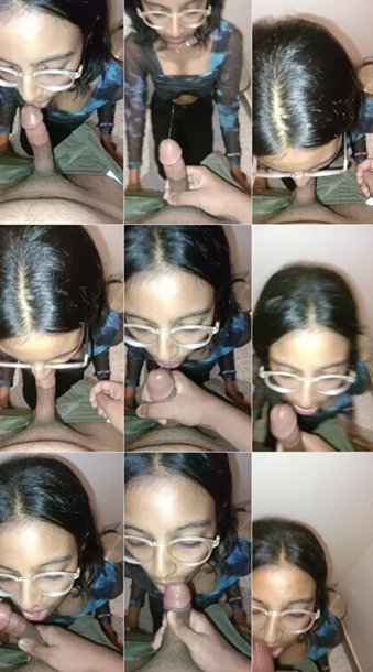 Sexy Glasses Babe Giving Blowjob Outdoor Showing Her Boobs