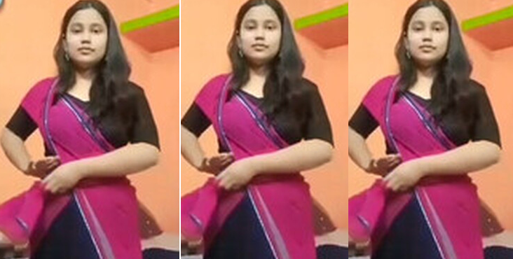 Desi Cute Shy Girl in saree showing boobs by removing blouse